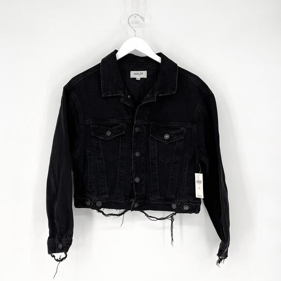 AGOLDE NWT Shrunken Charli Black Denim Jacket Women’s Size XS Raw Hem Cropped - Picture 2 of 6